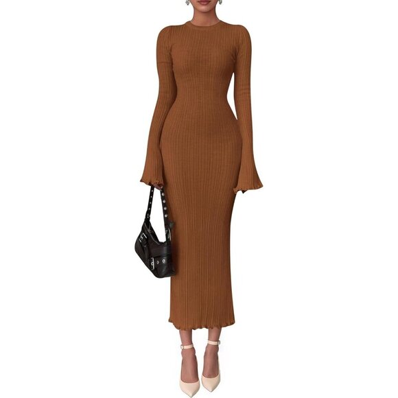Dresses & Skirts - Women's Caramel Fall Bell Long Sleeve Crew Neck Bodycon Sweater Maxi Dress